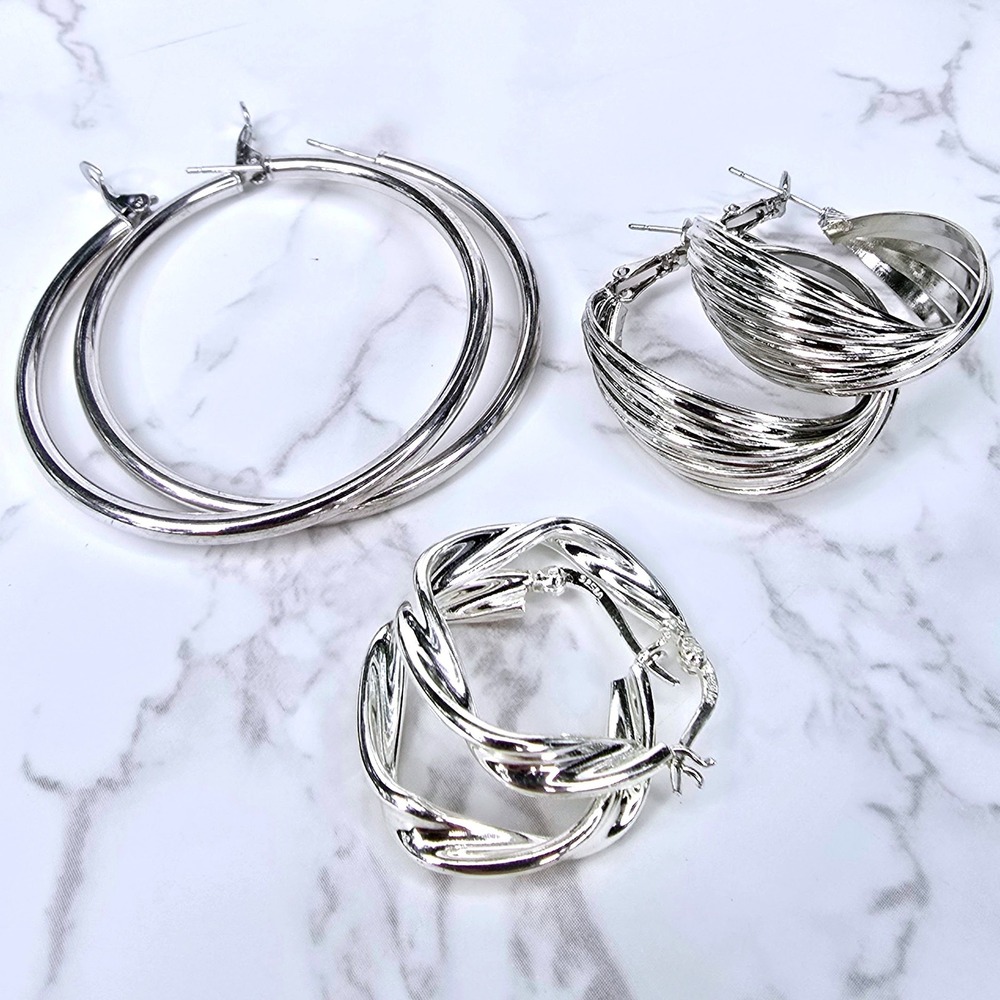 Sterling Silver Hoop Earring Set 3 Pairs Twisted Shrimp Polished 925 19.6g - Picture 4 of 14